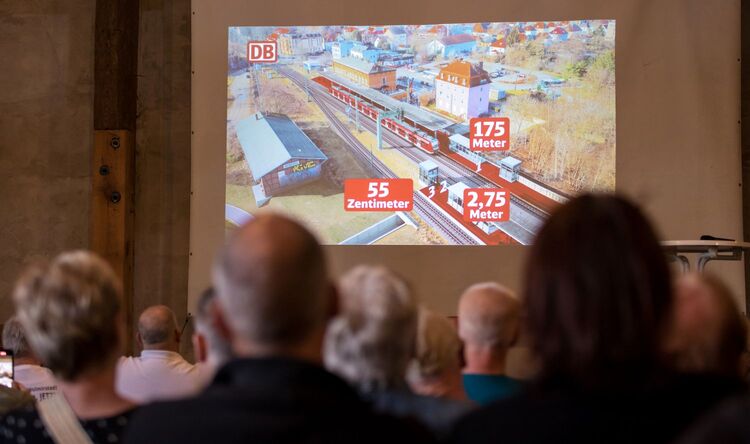Visualisierung Bahnsteigbreiten auf Leinwand, Zuschauer und Zuschauerinnen von hinten