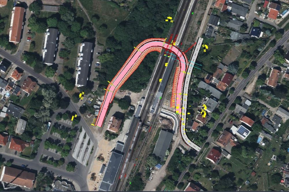 Luftaufnahme mit eingezeichneter Lage der Unterführung in rot.