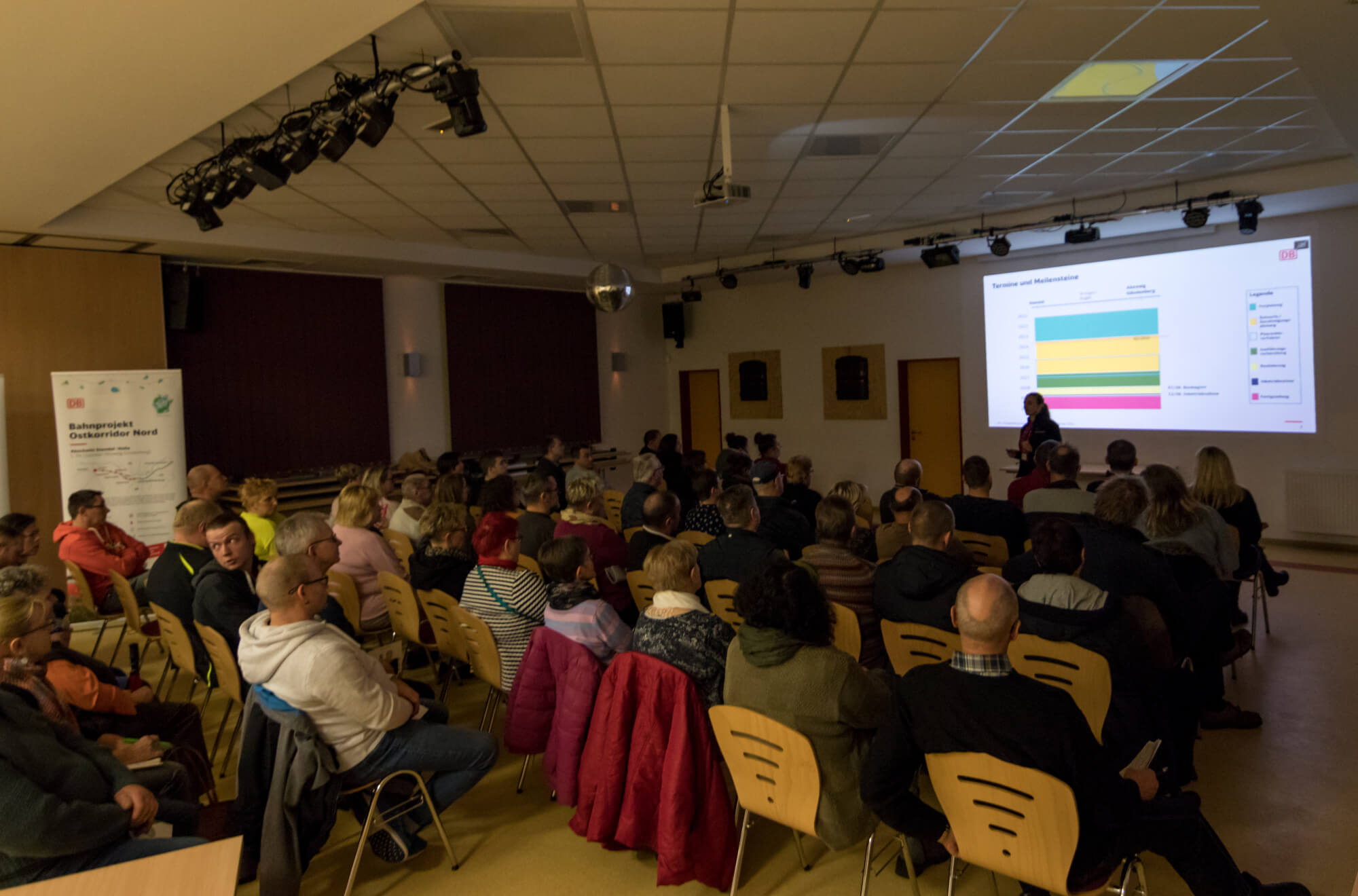 Bürgerveranstaltung, sitzendes Publikum, Präsentation auf Leinwand